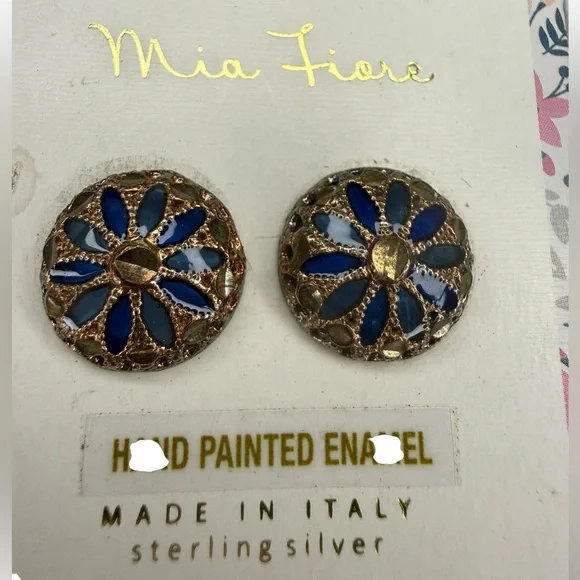 Mia Fiore Hand Painted Made in Italy Blue and Gold Enamel Earrings - Picture 2 of 4